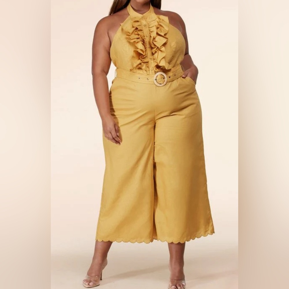 Mustard Gold Plus Size Ruffle Jumper with Open Back